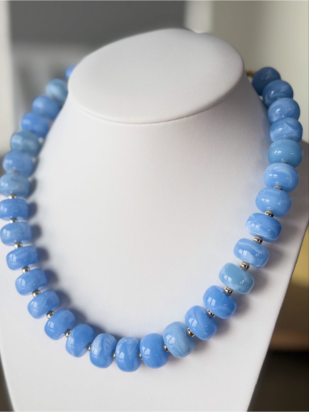 Elegant Light Blue Glass Bead Necklace with Silver Accents